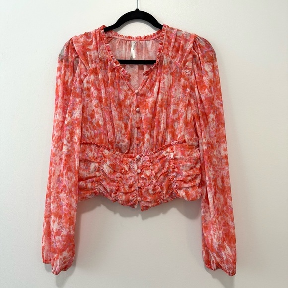 Anthropologie Long-Sleeve Femme Ruched Cropped Blouse Pink & Orange Chiffon Sz L - Picture 3 of 15